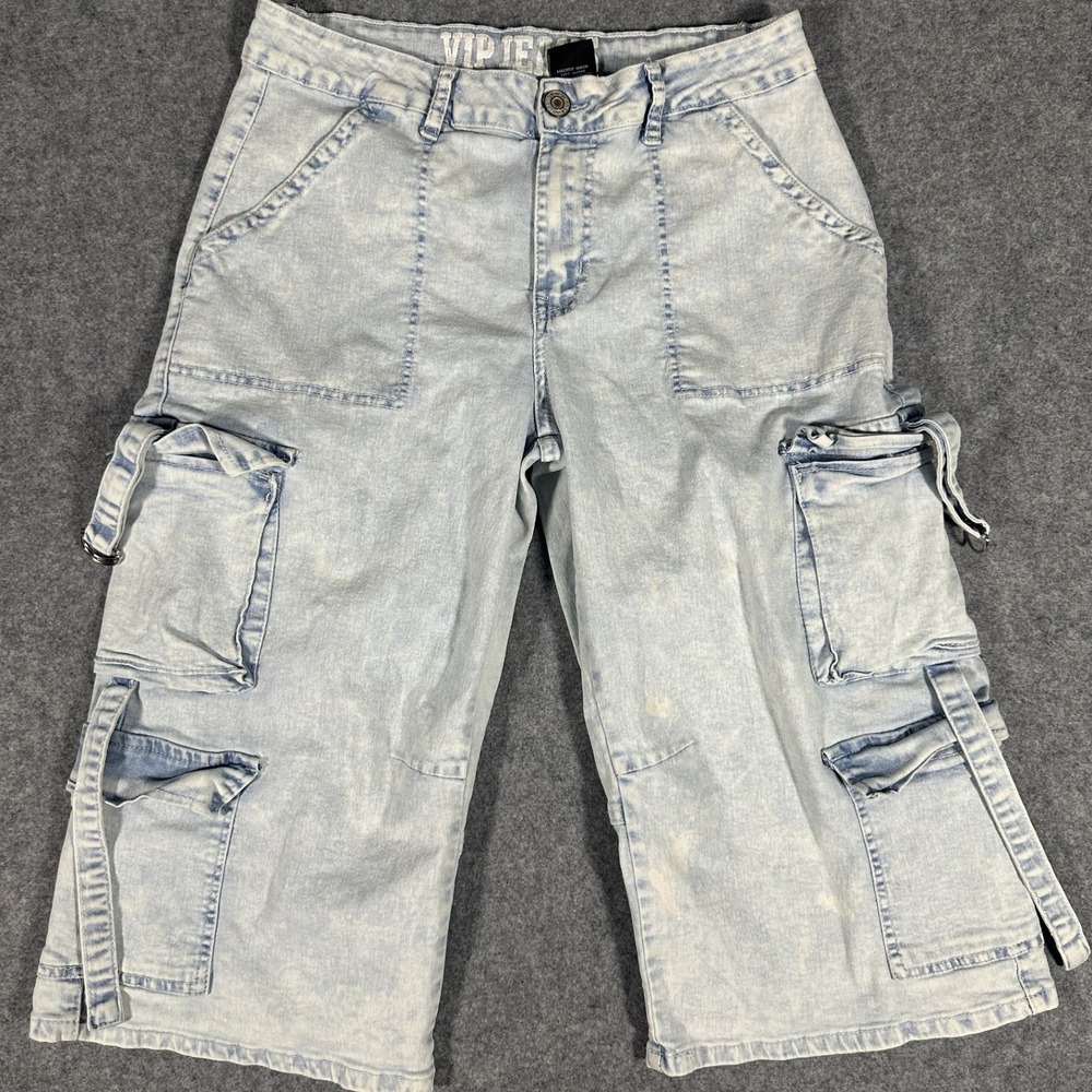 VIP Jeans Cargo Pants‎ Size 11/30 Light Wash Blue Denim Utility Cropped